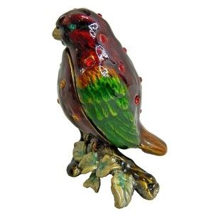 Red Bird Jeweled Enamel Metal Trinket/Pill Box 2.5" Tall Hinged w/Magnet Closure